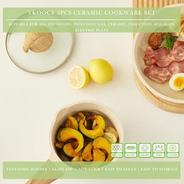 Vkoocy Pots and Pans Set Non Stick, Healthy Ceramic Cookware Set, 3pcs Kitchen Pots Frying Pan Saucepan, PFAS-Free, Cream