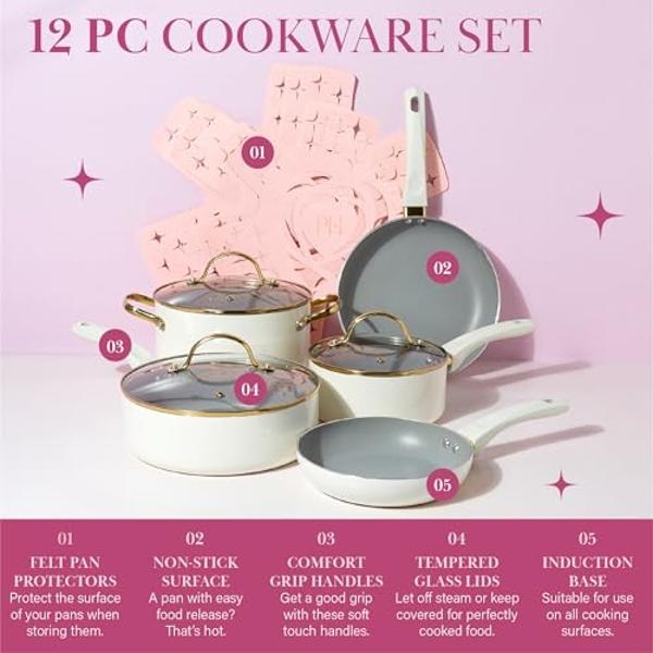 Paris Hilton Epic Nonstick Pots and Pans Set, Multi-layer Nonstick Coating, Tempered Glass Lids, Soft Touch, Stay Cool Handles, Made without PFOA, Dishwasher Safe Cookware Set, 12-