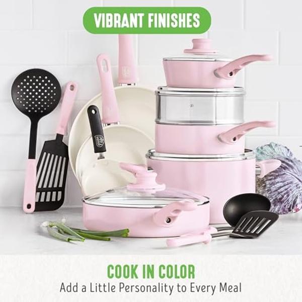 GreenLife Soft Grip 16 Piece Cookware Set, Non-Toxic PFAS-Free Ceramic Nonstick, Frying, Sauce, Saute, Utensils, Glass Lids, Stay-Cool Handles, Wobble Free, Dishwasher & Oven Safe,