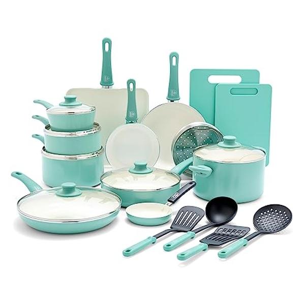 T-fal Refresh Ceramic, Ceramic Non Stick Cookware Set 20 Piece, Oven Broiler Safe 350F, Kitchen Set w/Egg Pan, Fry Pans, Saucepans, Griddle, Sautepan, Dutch Oven & Utensils, Pots, 