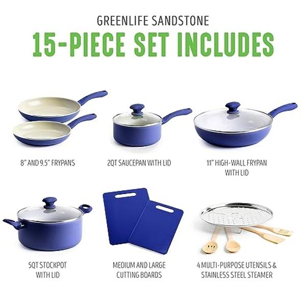 GreenLife Sandstone Healthy Ceramic Nonstick, 15 Piece Kitchen Cookware Pots and Frying Sauce Pans Set, PFAS- Free, Dishwasher Safe, Blue