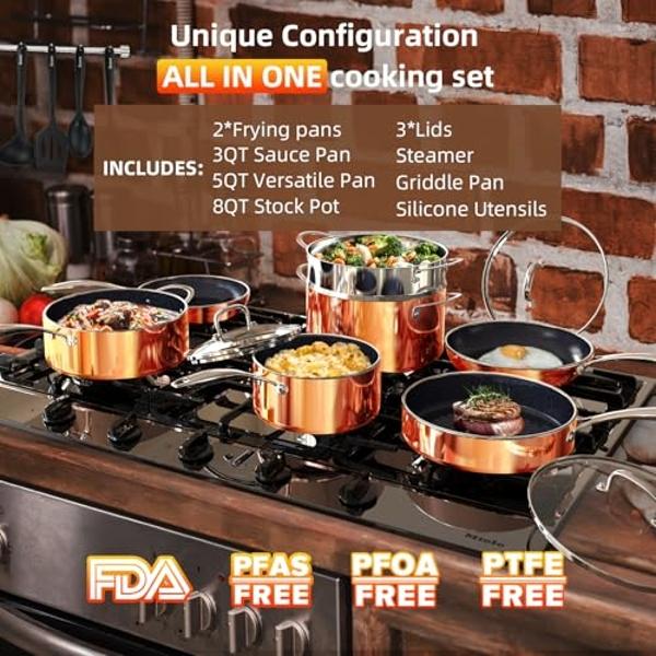 Deluxe DUXANO 14PC Healthy Pots and Pan With 9H Anti-scratch Coating, 2-Layer Non-Stick Ceramic&PFAS Free, Sensitively&Evenly Induction Cooking, Enhanced Flavor with Infrared Cookw