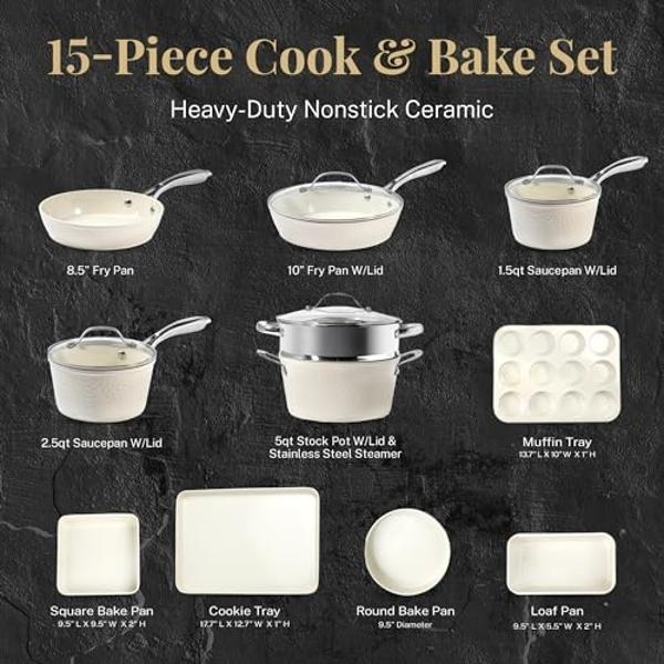 Gotham Steel Hammered 15 Piece Pots and Pans Set Non Stick Cookware Set, Pot and Pan Set, Kitchen Cookware Sets, Non Toxic Ceramic Cookware Set, Induction Cookware, Dishwasher Safe