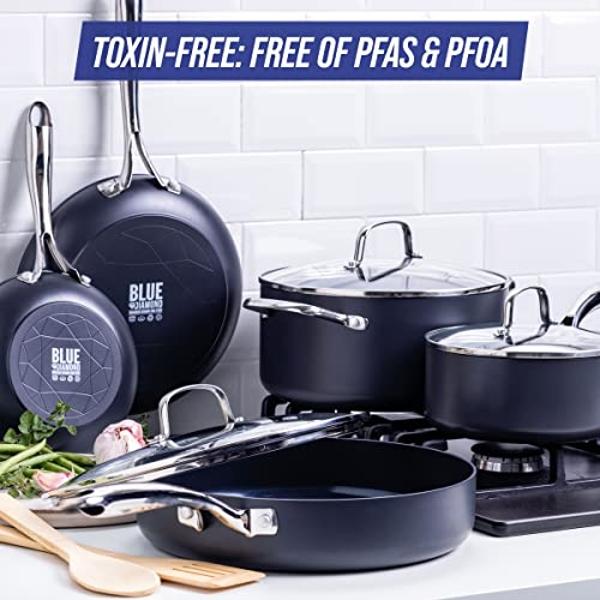 Blue Diamond Cookware Hard Anodized Ceramic Nonstick, 10 Piece Cookware Pots and Pans Set, Non-Toxic PFAS and PFOA-Free, Dishwasher and Oven Safe, Durable, Even Heating, Metal Uten