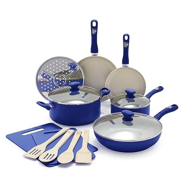 GreenLife Sandstone Healthy Ceramic Nonstick, 15 Piece Kitchen Cookware Pots and Frying Sauce Pans Set, PFAS- Free, Dishwasher Safe, Blue