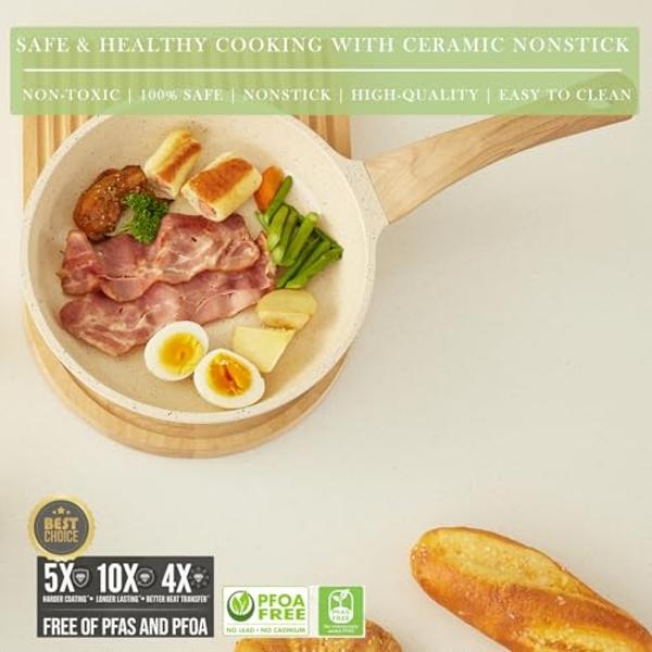 Vkoocy Pots and Pans Set Non Stick, Healthy Ceramic Cookware Set, 3pcs Kitchen Pots Frying Pan Saucepan, PFAS-Free, Cream