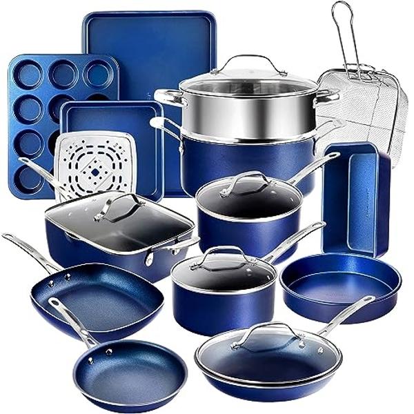 Blue Diamond 14 Piece Cookware Set, Diamond Infused PFAS & PFOA-Free Ceramic Nonstick Pots and Pans, Durable, Non Toxic, Metal Utensil Safe & Scratch Resistant, Dishwasher & Oven S