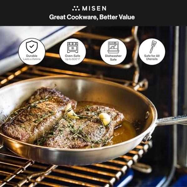 Misen 5-Ply Stainless Steel Cookware Set - Versatile, Dishwasher Safe - 5-Piece Set - 10" Skillet, 3 QT Saute Pan + Lid, 3 QT Saucier + Lid