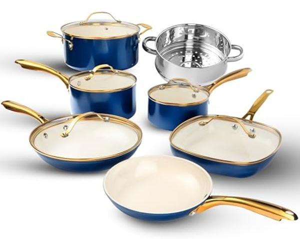 GOTHAM STEEL 12 Pc Ceramic Cookware Set Nonstick, Pots and Pans Set Non Stick for Kitchen with Frying Pan, Sauce Pan, Pots and Pans for Cooking, Non Toxic Cookware Sets, Oven and D