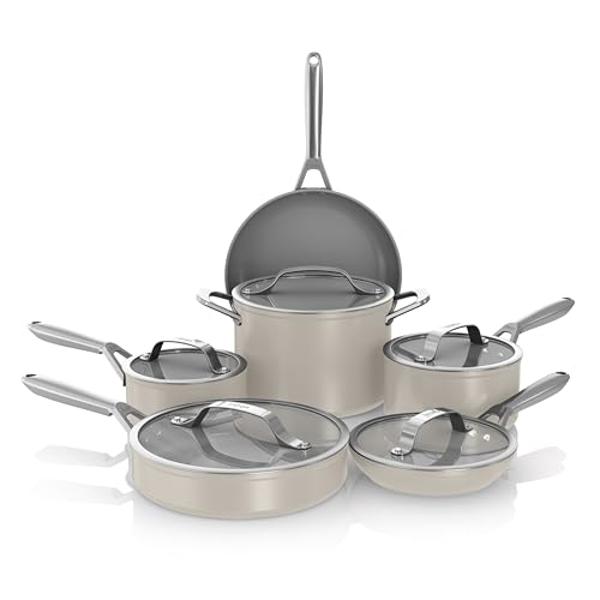 Ninja Ceramic Pro 10-Piece Cookware Set, Non-Stick Pots & Pans Set with Glass Lids, PTFE Free, Ceramic Coated, Oven Safe, All Stovetops & Induction Compatible, Stone, CW39010ST