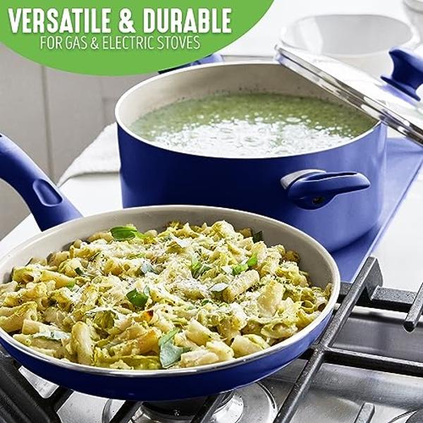 GreenLife Sandstone Healthy Ceramic Nonstick, 15 Piece Kitchen Cookware Pots and Frying Sauce Pans Set, PFAS- Free, Dishwasher Safe, Blue