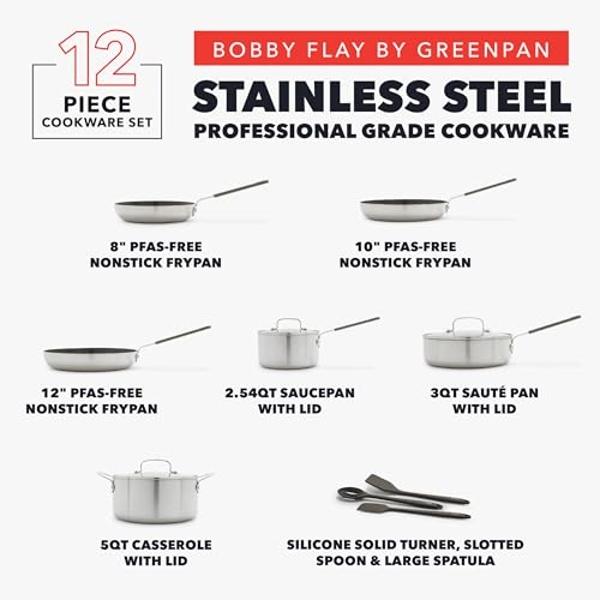 GreenPan x Bobby Flay Stainless Steel 12 Piece Cookware Pots and Pans Set, Professional Grade Tri Ply, PFAS-Free Ceramic Nonstick, Induction Suitable, Dishwasher & Oven Safe, Stay 