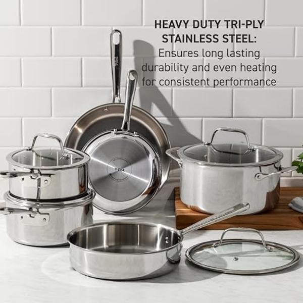 T-fal Pro Tri-Ply Stainless Steel Cookware Set 3 Piece, Induction Compatible, Oven Safe 500F, Fast & Even Heat, Professional Quality & Durability, Pots & Pans Set, Fry Pan Set, Dis