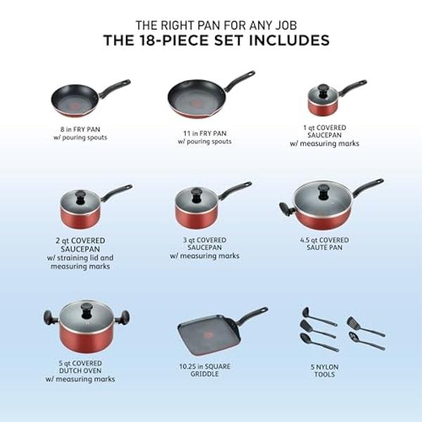 T-fal Initiatives Nonstick Cookware Set 18 Piece, Oven Broiler Safe 350F, Kitchen Cooking Set w/Fry Pans, Saucepans, Saute Pan, Dutch Oven, Griddle, Pots and Pans, Home, Dishwasher
