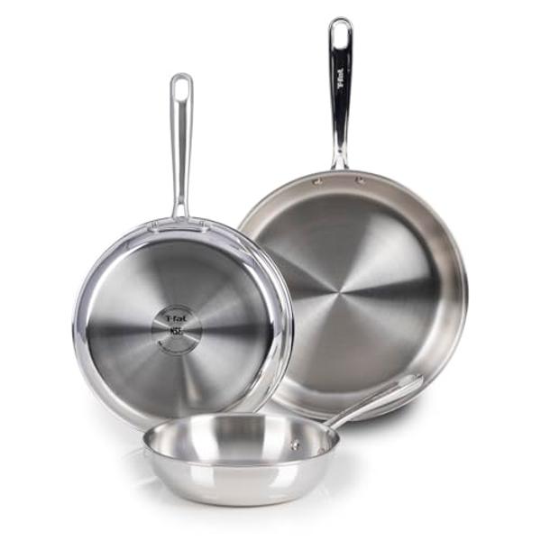 T-fal Pro Tri-Ply Stainless Steel Cookware Set 3 Piece, Induction Compatible, Oven Safe 500F, Fast & Even Heat, Professional Quality & Durability, Pots & Pans Set, Fry Pan Set, Dis