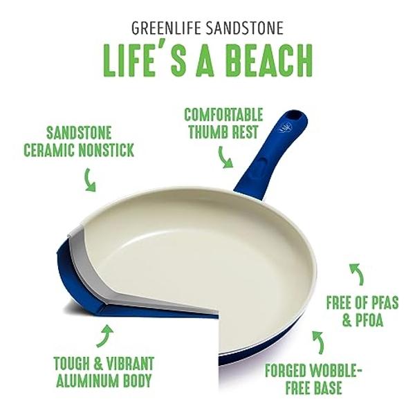 GreenLife Sandstone Healthy Ceramic Nonstick, 15 Piece Kitchen Cookware Pots and Frying Sauce Pans Set, PFAS- Free, Dishwasher Safe, Blue