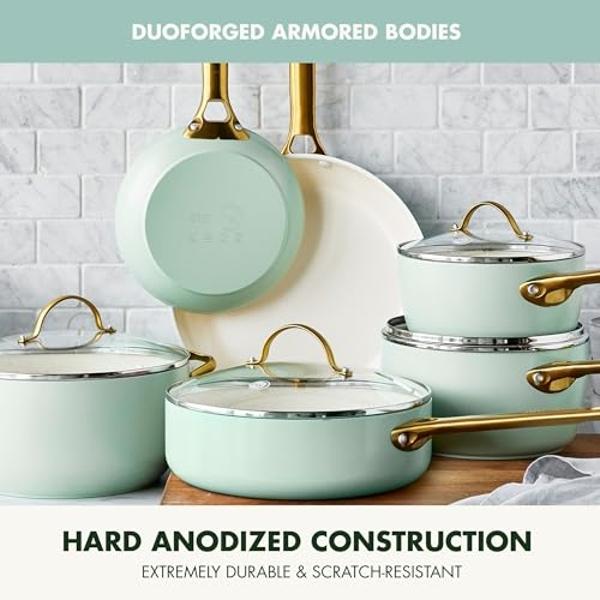 GreenPan Reserve Hard Anodized Healthy Ceramic Nonstick 10 Piece Cookware Pots and Pans Set, Gold-Tone Stainless Steel Handles, PFAS & PFOA-Free, Dishwasher Safe, Oven & Broiler Sa
