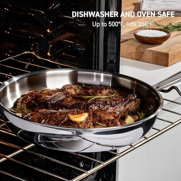 T-fal Pro Tri-Ply Stainless Steel Cookware Set 10 Piece, Induction Compatible Oven Safe 500F, Lids 350F, Fast & Even Heat, Professional Quality & Durability, Pots and Pans Set, Dis