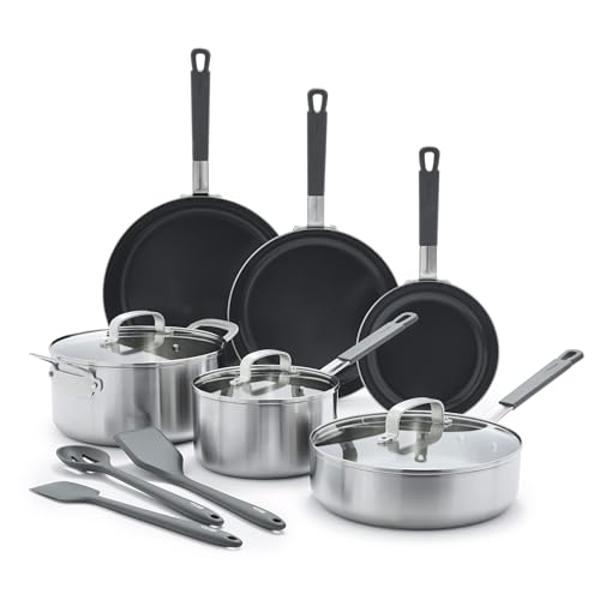 GreenPan x Bobby Flay Stainless Steel 12 Piece Cookware Pots and Pans Set, Professional Grade Tri Ply, PFAS-Free Ceramic Nonstick, Induction Suitable, Dishwasher & Oven Safe, Stay 