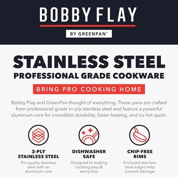 GreenPan x Bobby Flay Stainless Steel 12 Piece Cookware Pots and Pans Set, Professional Grade Tri Ply, PFAS-Free Ceramic Nonstick, Induction Suitable, Dishwasher & Oven Safe, Stay 