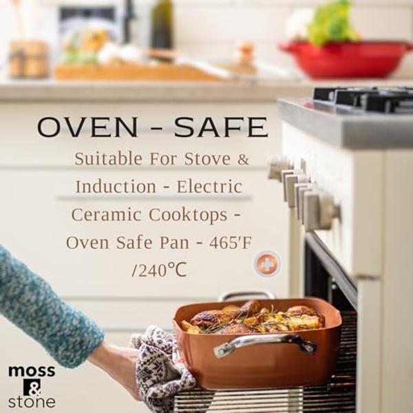Moss & Stone 7 Pcs Copper Pots And Pans Set, Copper Chef Cookware Non Stick, Square Copper Pans for Cooking, Round Copper Pot & Fry Basket, Oven Safe 5 Quart Deep Frying Pan, Induc