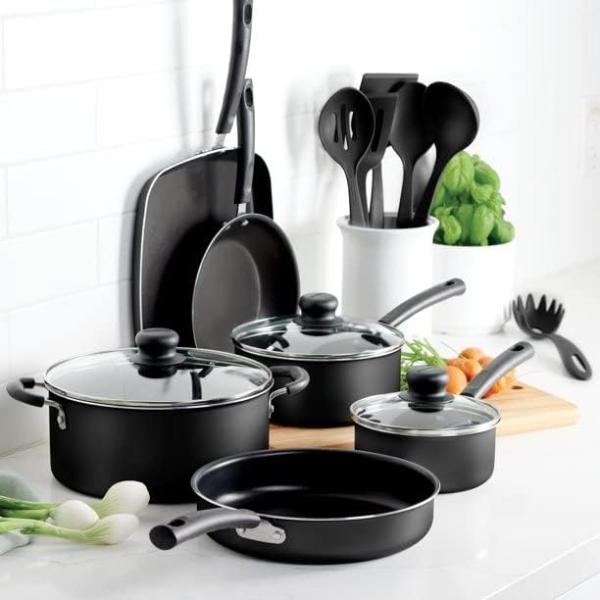 ESLITE LIFE Nonstick Cookware Sets, 12 Pcs Granite Coating Pots and Pans Set Kitchen Cooking Set, Compatible with All Stovetops (Gas, Electric & Induction), PFOA Free, Black