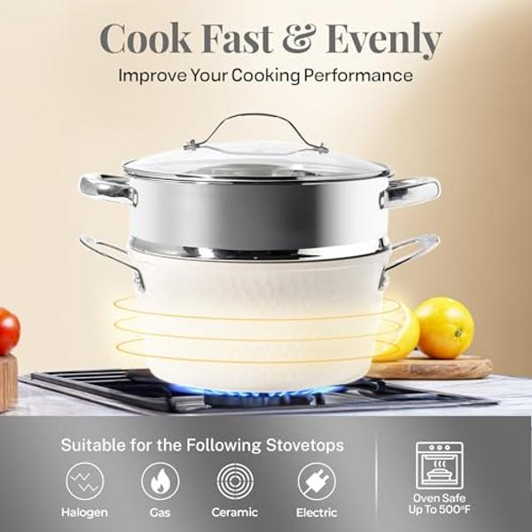 NutriChef 15-Piece Non Stick Kitchen Cookware Set PFOA/PFOS-Free, Colorful Heat Resistant Lacquer w/Saucepot, Frying Pans, Oven Pot, Lids, 5 Utensil - NCCWCOR15