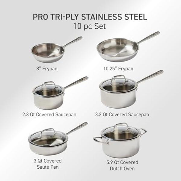 T-fal Pro Tri-Ply Stainless Steel Cookware Set 10 Piece, Induction Compatible Oven Safe 500F, Lids 350F, Fast & Even Heat, Professional Quality & Durability, Pots and Pans Set, Dis