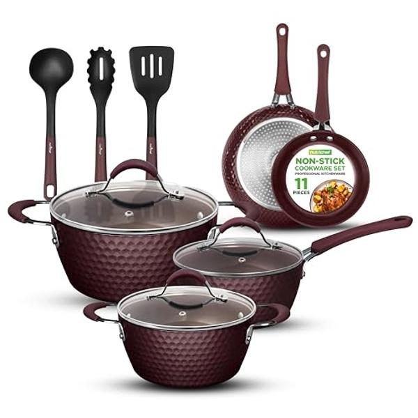 NutriChef Nonstick Cookware Excilon Home Kitchen Ware Pots & Pan Set with Saucepan Frying Pans, Cooking Pots, Lids, Utensil PTFE/PFOA/PFOS free, 11 Pcs, Purple Diamond, One size