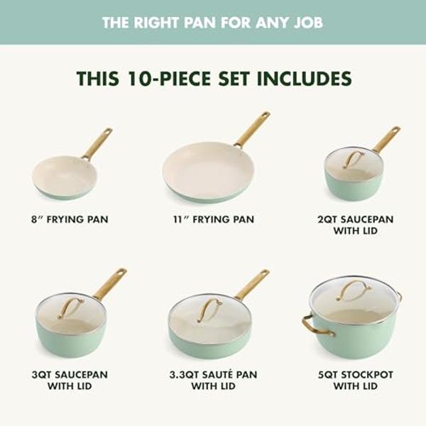 GreenPan Reserve Hard Anodized Healthy Ceramic Nonstick 10 Piece Cookware Pots and Pans Set, Gold-Tone Stainless Steel Handles, PFAS & PFOA-Free, Dishwasher Safe, Oven & Broiler Sa