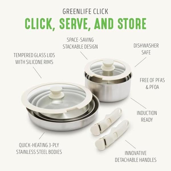 GreenPan x Bobby Flay Stainless Steel 12 Piece Cookware Pots and Pans Set, Professional Grade Tri Ply, PFAS-Free Ceramic Nonstick, Induction Suitable, Dishwasher & Oven Safe, Stay 