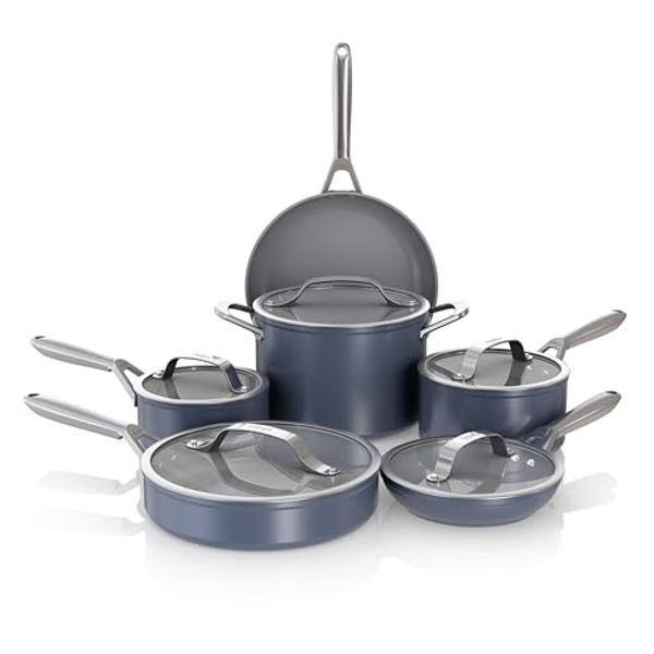 Ninja Ceramic Pro 11-Piece Cookware Set, Non-Stick Pots & Pans Set with Glass Lids, PTFE Free, Ceramic Coated, Oven Safe, All Stovetops & Induction Compatible, Midnight Blue, CW390