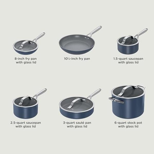 Ninja Ceramic Pro 11-Piece Cookware Set, Non-Stick Pots & Pans Set with Glass Lids, PTFE Free, Ceramic Coated, Oven Safe, All Stovetops & Induction Compatible, Midnight Blue, CW390