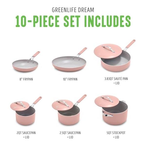 GreenLife 10-Piece Ceramic Nonstick Cookware Set, Dishwasher & Oven Safe, Silicone Stay-Cool Handles, PFAS-Free Ceramic Coated Pots and Pans with Lids, Healthy Kitchen Cooking Set,