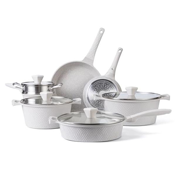 Daniks Modern 10-Piece Stainless Steel Induction Cookware Set – Dishwasher Safe Saucepan, Pots with Heatproof Handles, Glass Lids, Silver