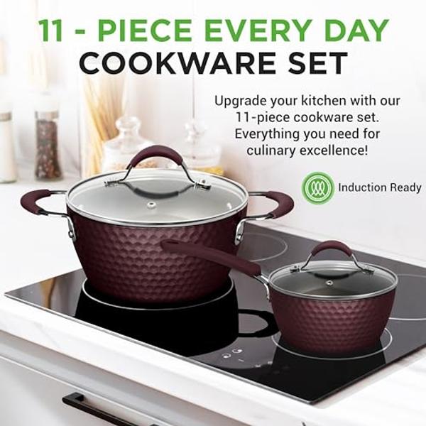NutriChef Nonstick Cookware Excilon Home Kitchen Ware Pots & Pan Set with Saucepan Frying Pans, Cooking Pots, Lids, Utensil PTFE/PFOA/PFOS free, 11 Pcs, Purple Diamond, One size