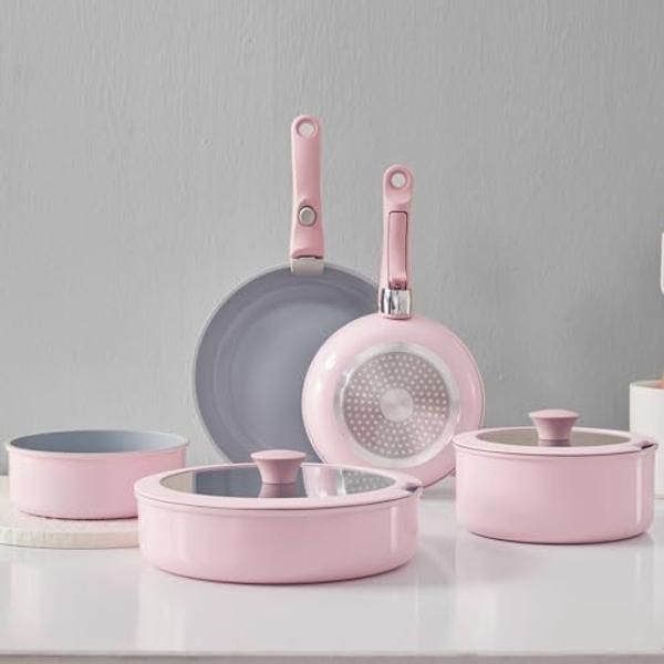 Vkoocy Pink Non Stick Pot and Pan Sets with Removable Handle, Ceramic Cookware Set Detachable Handle, Induction Kitchen Camping Stackable Pots Pans, Dishwasher/Oven Safe, PTFE/PFOA