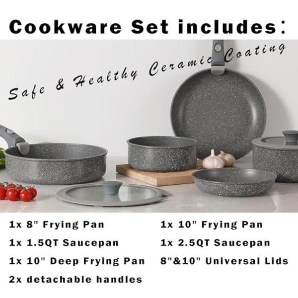 Vkoocy Pink Non Stick Pot and Pan Sets with Removable Handle, Ceramic Cookware Set Detachable Handle, Induction Kitchen Camping Stackable Pots Pans, Dishwasher/Oven Safe, PTFE/PFOA