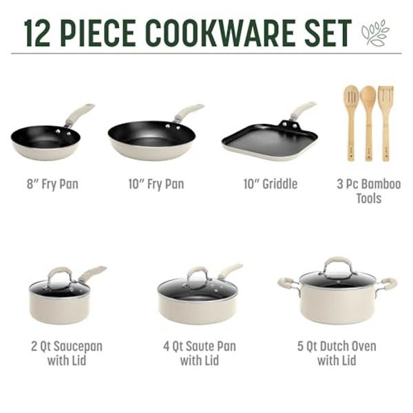 Goodful Ceramic Nonstick Pots and Pans Set, Premium Ceramic Coating Made without PFOA, PTFE or PFAS, Dishwasher Safe, 12-Piece, Cream