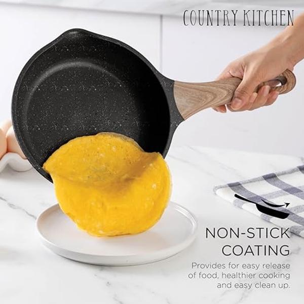 Country Kitchen Pots and Pans Set Nonstick, Cast Aluminum Kitchen Cookware Set with Utensils, 14 Pcs Non Stick Cooking Set w/Frying Pans & Saucepans, Black