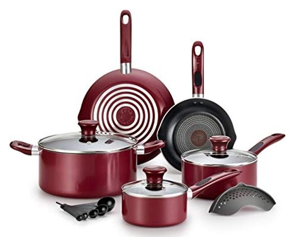 T-fal B039SE64 B039SE Excite ProGlide Nonstick Thermo-Spot Heat Indicator Dishwasher Oven Safe Cookware Set, 14-Piece, Red, 2.3 Rio