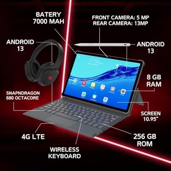 Compaq QTab Pro 8 GB RAM 256 GB Capacity + Keyboard+ Headphones Noise Cancelling + Stylus Pen I LCD 10.95" I Android 13 I Qualcomm Snapdragon 680 I LTE I Rear Camera 13Mp I 7000 mA