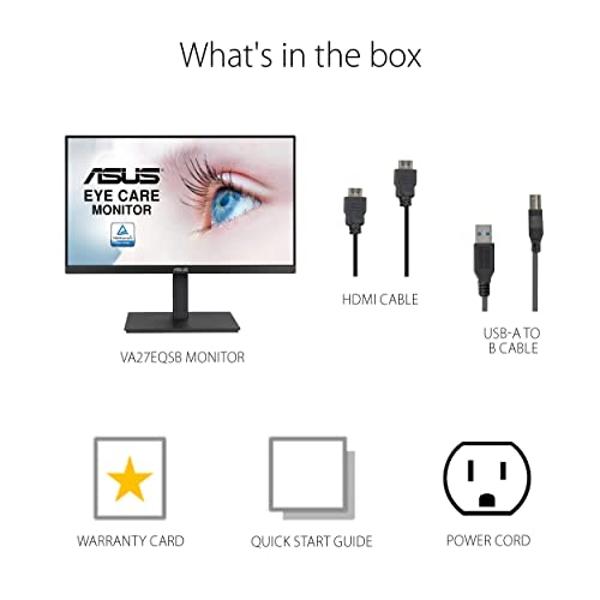 ASUS 27” 1080P Monitor (VA27EQSB) - Full HD, IPS, 75Hz, Adaptive-Sync, Speakers, Eye Care, Low Blue Light, Flicker Free, DisplayPort, HDMI, USB Hub, D-Sub, Frameless, Wall Mountabl