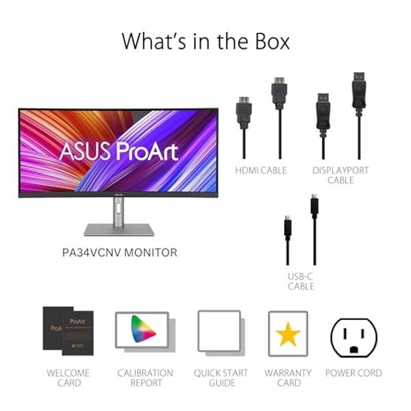 ASUS ProArt Display 34” Ultrawide Curved Professional HDR Monitor (PA34VCNV) - IPS, 21:9 3440 x 1440, 3800R Curve, 100% sRGB/Rec709, ΔE<2, Calman Verified, USB-C Docking PD 96W, RJ