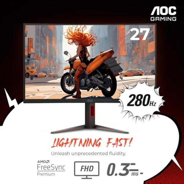AOC C27G2 27" Curved Frameless Ultra-Fast Gaming Monitor, FHD 1080p, 1ms 165Hz, FreeSync, 2X HDMI 2.0, 1x Display Port, Height Adjustable, Xbox PS5 Switch Ready, 3-Year Zero-Bright