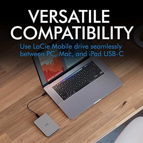 LaCie Mobile Drive, 2TB, External Hard Drive Portable - Moon Silver, USB-C 3.2, for PC and Mac, Post-Consumer Recycled, with Adobe All Apps Plan (STLP2000400)