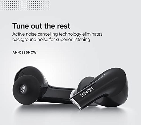 Denon AH-C830NCW Active Noise Cancelling Earbuds, 24-Hr Battery Life, in-Ear Wireless Earphones with (3) Mics, IPX4 Rated Water Resistance, Includes (3) Silicone Ear Tips & USB-C C