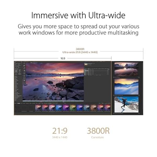 ASUS ProArt Display 34” Ultrawide Curved Professional HDR Monitor (PA34VCNV) - IPS, 21:9 3440 x 1440, 3800R Curve, 100% sRGB/Rec709, ΔE<2, Calman Verified, USB-C Docking PD 96W, RJ
