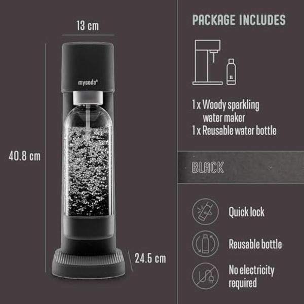 Mysoda Woody Sparkling Water Maker - Silent Carbonated Water Machine Made of Renewable Wood Composite and 1L Water Bottle - Without CO2 Cylinder - Seltzer Maker Machine - Colour Bl