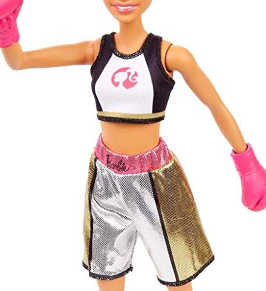 Barbie Boxer Brunette Doll with Boxing Outfit Featuring Short Top Graphic, Metallic Boxing Shorts and Pink Boxing Gloves, for Ages 3 and Up